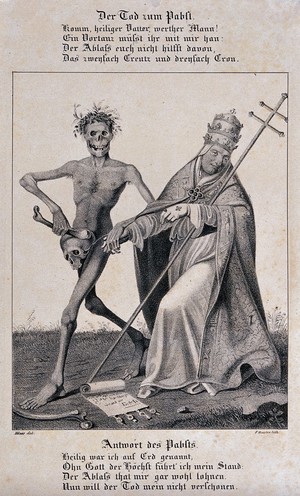view The dance of death at Basel: death and the Pope. Lithograph by F. Hasler after H. Hess.