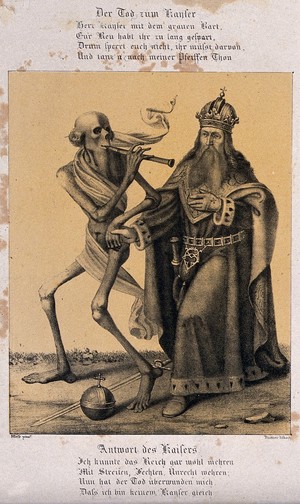 view The dance of death at Basel: death and the emperor. Lithograph by Danzer after H. Hess.