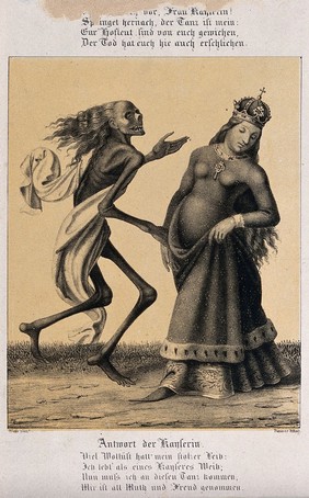 The dance of death at Basel: death and the empress. Lithograph by Danzer after H. Hess.