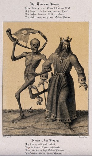 view The dance of death at Basel: death and the King. Lithograph by Danzer after H. Hess.