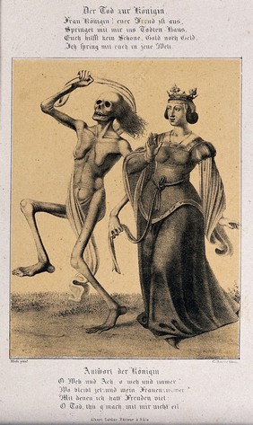 The dance of death at Basel: death and the queen. Lithograph by G. Danzer after H. Hess.