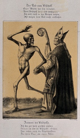 The dance of death at Basel: death and the bishop. Lithograph by G. Danzer after H. Hess.