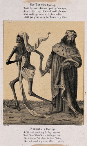 view The dance of death at Basel: death and the duke. Lithograph by Danzer after H. Hess.