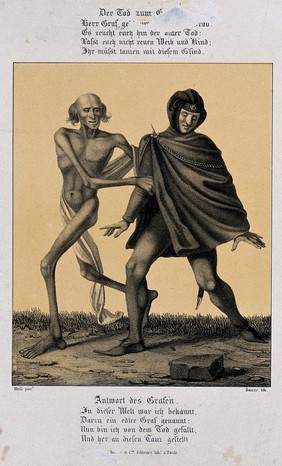 The dance of death at Basel: death and the count. Lithograph by G. Danzer after H. Hess.