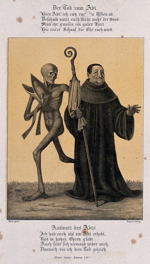 view The dance of death at Basel: death and the abbot. Lithograph by G. Danzer after H. Hess.