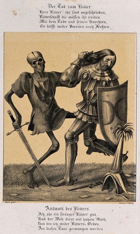 The dance of death at Basel: death and the knight. Lithograph by G. Danzer after H. Hess.