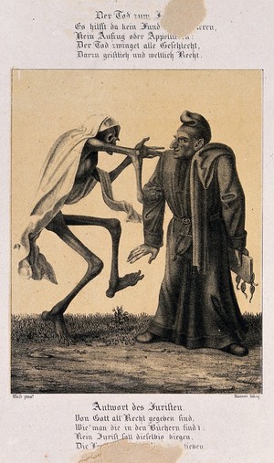 view The dance of death at Basel: death and the lawyer. Lithograph by G. Danzer after H. Hess.