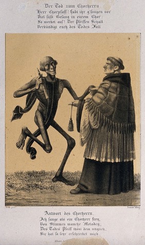 The dance of death at Basel: death and the canon. Lithograph by G. Danzer after H. Hess.