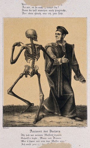 view The dance of death at Basel: death and the doctor. Lithograph by G. Danzer after H. Hess.
