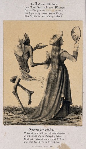 view The dance of death at Basel: death and the lady. Lithograph by G. Danzer after H. Hess.