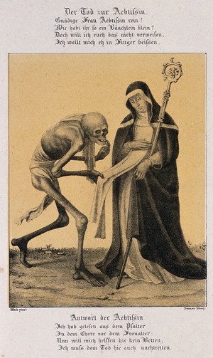 view The dance of death at Basel: death and the abbess. Lithograph by G. Danzer after H. Hess.