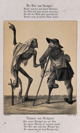 The dance of death at Basel: death, who has only one foot, and a lame man who also has only one foot. Lithograph by G. Danzer after H. Hess.