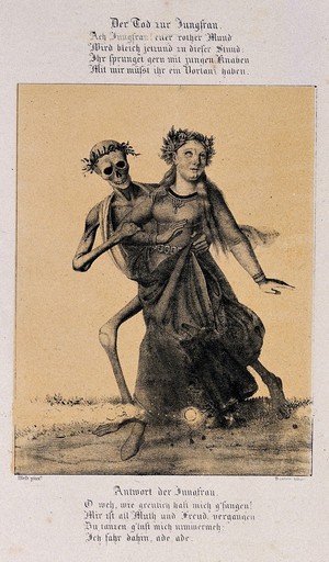 view The dance of death at Basel: death and the maiden. Lithograph by G. Danzer after H. Hess.