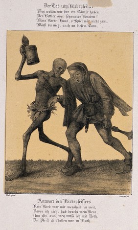 The dance of death at Basel: death and the minstrel. Lithograph by G. Danzer after H. Hess.