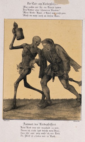 view The dance of death at Basel: death and the minstrel. Lithograph by G. Danzer after H. Hess.