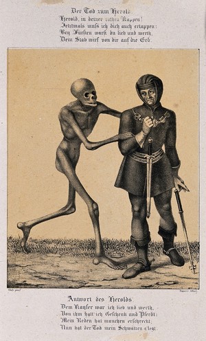 view The dance of death at Basel: death and the herald. Lithograph by G. Danzer after H. Hess.