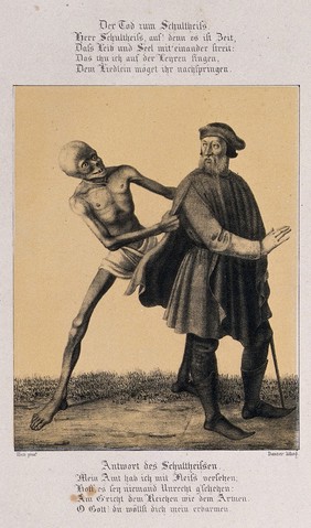 The dance of death at Basel: death and the judge. Lithograph by G. Danzer after H. Hess.