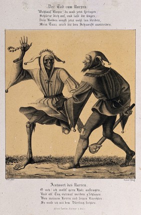 The dance of death at Basel: death and the jester. Lithograph by G. Danzer after H. Hess.