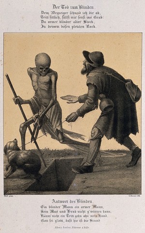 view The dance of death at Basel: death and the blind man. Lithograph by G. Danzer after H. Hess.