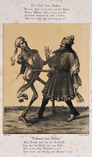 view The dance of death at Basel: death and the Jew. Lithograph by G. Danzer after H. Hess.