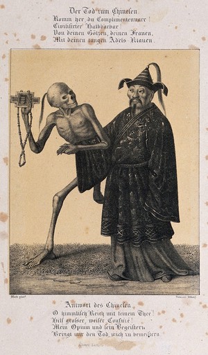 view The dance of death at Basel: death and the Chinese. Lithograph by G. Danzer after H. Hess.