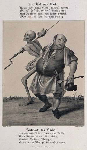 view The dance of death at Basel: death and the cook. Lithograph by G. Danzer after H. Hess.