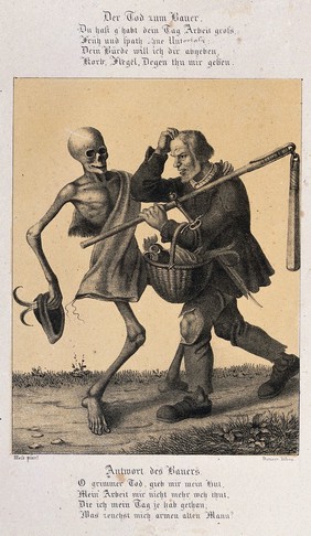 The dance of death at Basel: death and the peasant. Lithograph by G. Danzer after H. Hess.