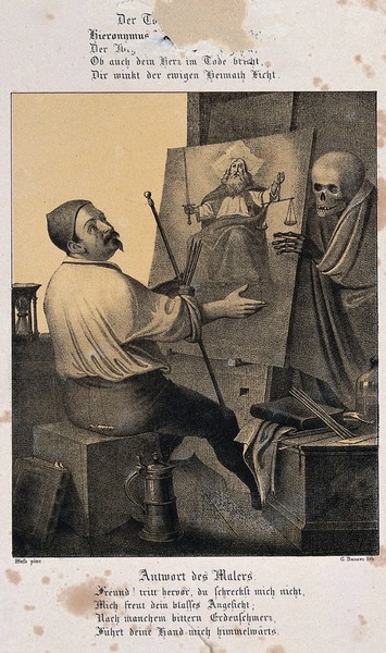 The dance of death at Basel: death and the painter. Lithograph by G. Danzer after H. Hess.