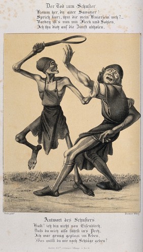 The dance of death at Basel: death and the cobbler. Lithograph by G. Danzer after H. Hess.
