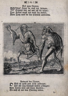 Dance of death: death and the fool. Etching and letterpress attributed to J.-A. Chovin, 1720-1776, after the Basel dance of death.