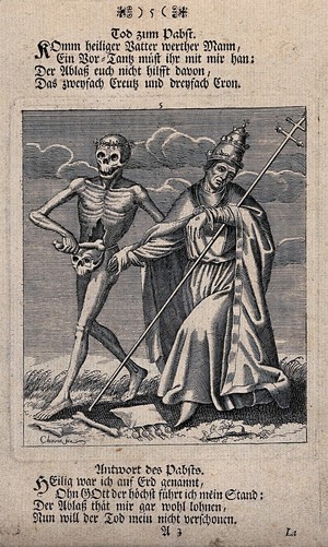 view Dance of death: death and the pope. Etching and letterpress attributed to J.-A. Chovin, 17--, after the Basel dance of death.