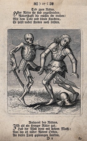 Dance of death: death and the knight. Etching and letterpress attributed to J.-A. Chovin, 1720-1776, after the Basel dance of death.