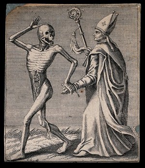 view Dance of death: death and the bishop. Etching attributed to J.-A. Chovin, 1720-1776, after the Basel dance of death.