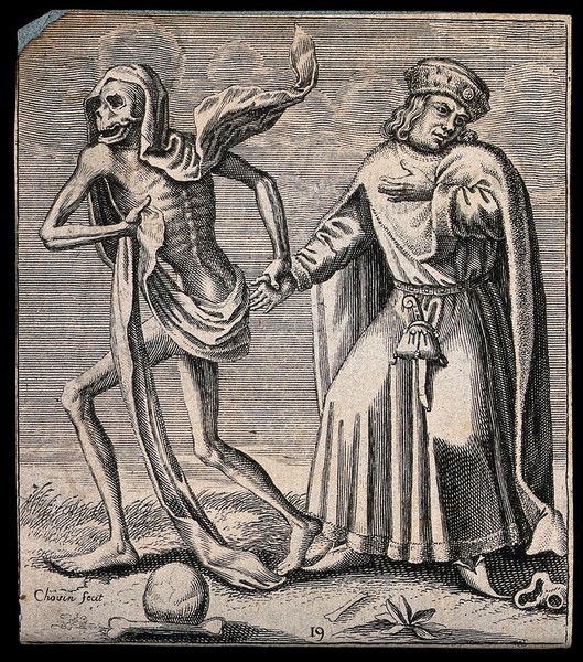 The dance of death: death and the merchant or the usurer (?). Etching attributed to J.-A. Chovin after the Basel dance of death.