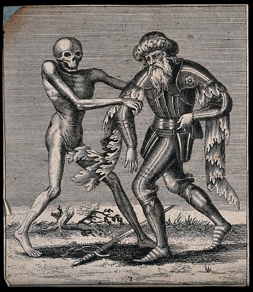 Dance of death: death and the gentleman. Etching attributed to J.-A. Chovin, 1720-1776, after the Basel dance of death.