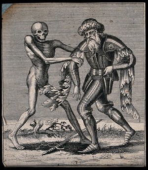 view Dance of death: death and the gentleman. Etching attributed to J.-A. Chovin, 1720-1776, after the Basel dance of death.