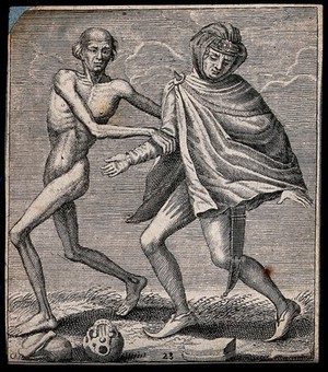 view Dance of death: death and the count (?). Etching attributed to J.-A. Chovin, 1720-1776, after the Basel dance of death.