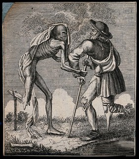 The dance of death: death, who has only one foot, and a lame man who also has only one foot. Etching attributed to J.-A. Chovin after the Basel dance of death.