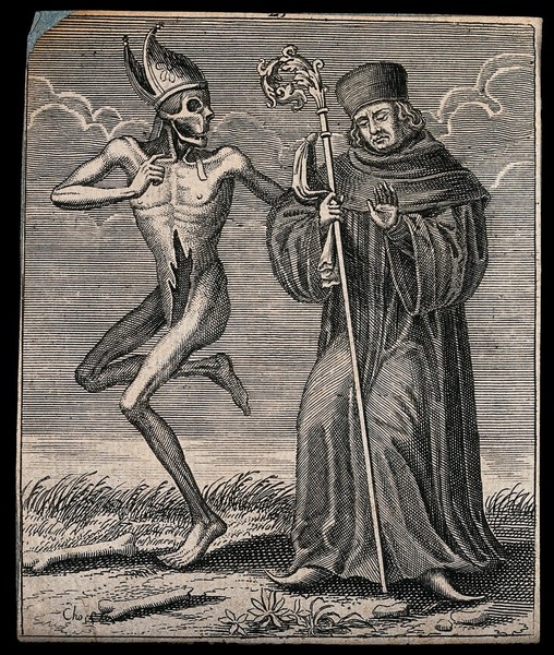 Dance of death: death and the abbot. Etching attributed to J.-A. Chovin, 1720-1776, after the Basel dance of death.