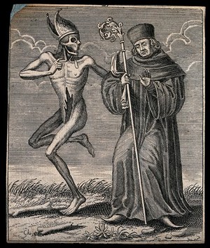 view Dance of death: death and the abbot. Etching attributed to J.-A. Chovin, 1720-1776, after the Basel dance of death.