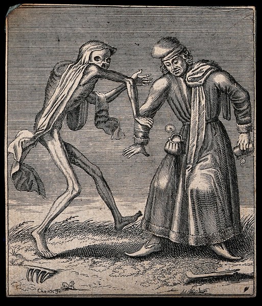 Dance of death: death and the merchant or the usurer. Etching attributed to J.-A. Chovin, 1720-1776, after the Basel dance of death.