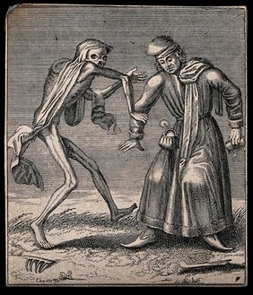 Dance of death: death and the merchant or the usurer. Etching attributed to J.-A. Chovin, 1720-1776, after the Basel dance of death.