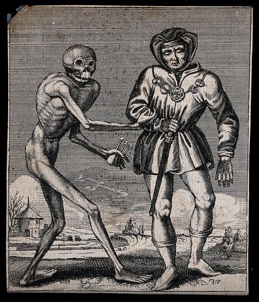 Dance of death: death and the herald (?). Etching attributed to J.-A. Chovin, 1720-1776, after the Basel dance of death.
