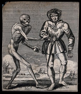 Dance of death: death and the herald (?). Etching attributed to J.-A. Chovin, 1720-1776, after the Basel dance of death.