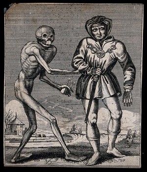 view Dance of death: death and the herald (?). Etching attributed to J.-A. Chovin, 1720-1776, after the Basel dance of death.