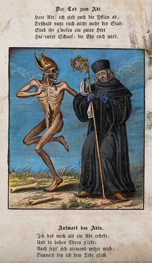 view Dance of death: death and the abbot. Coloured etching and letterpress after J.-A. Chovin after the Basel dance of death.