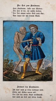 Dance of death: death and the merchant. Coloured etching and letterpress after J.-A. Chovin after the Basel dance of death.