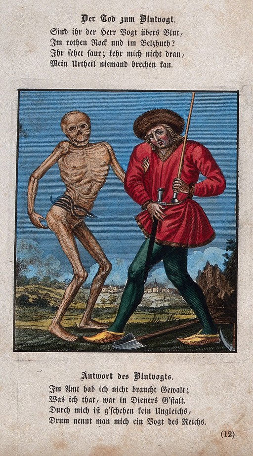 Dance of death: death and the executioner. Etching and letterpress after J.-A. Chovin after the Basel dance of death.
