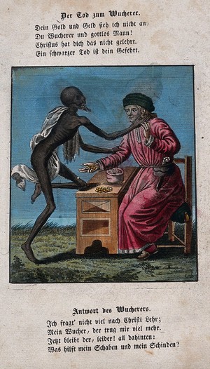 view Dance of death: death and the usurer. Coloured etching and letterpress after J.-A. Chovin after the Basel dance of death.