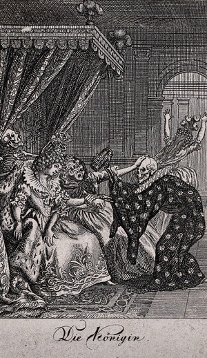 view The dance of death: the queen. Etching by D.-N. Chodowiecki, 1791, after himself.